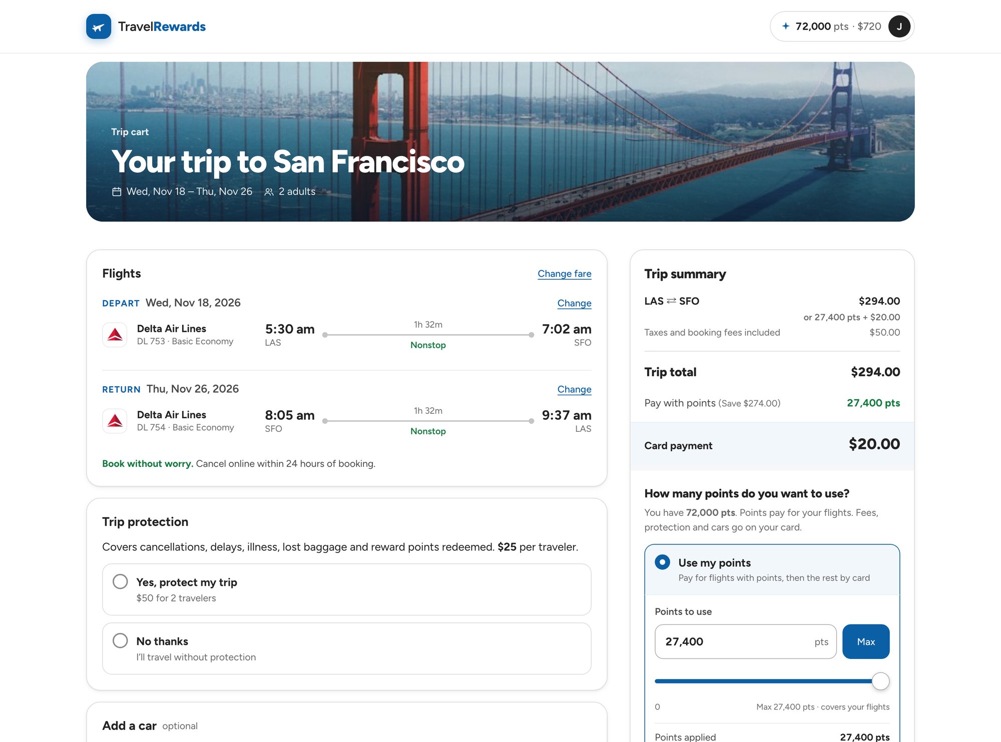 Redesigned trip cart with flights, trip protection, a car and the trip summary