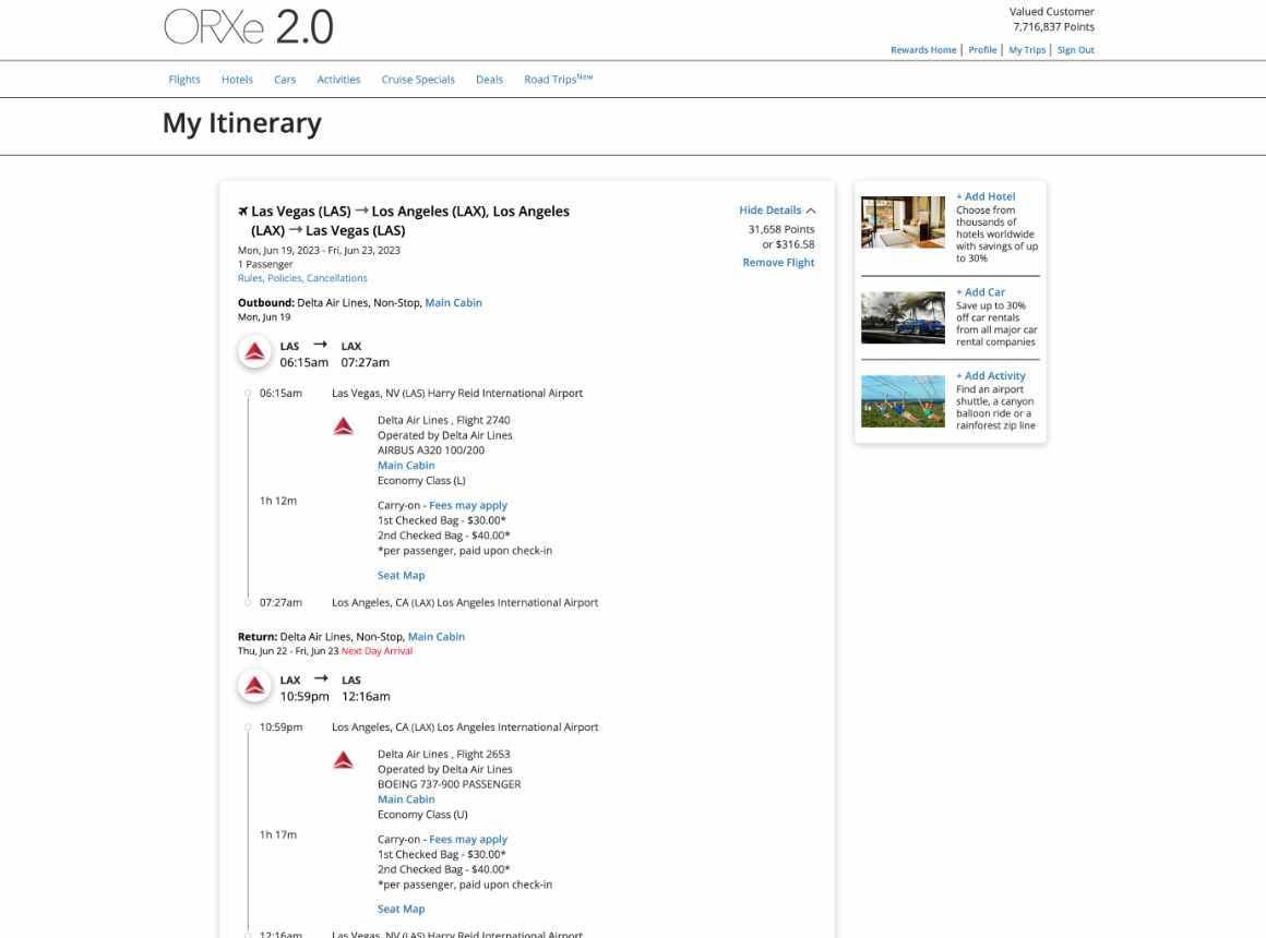 ORXe 2.0 My Itinerary page