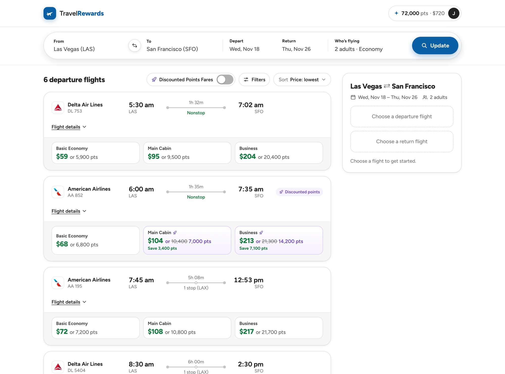 Redesigned departure results with fare options per flight and a trip summary