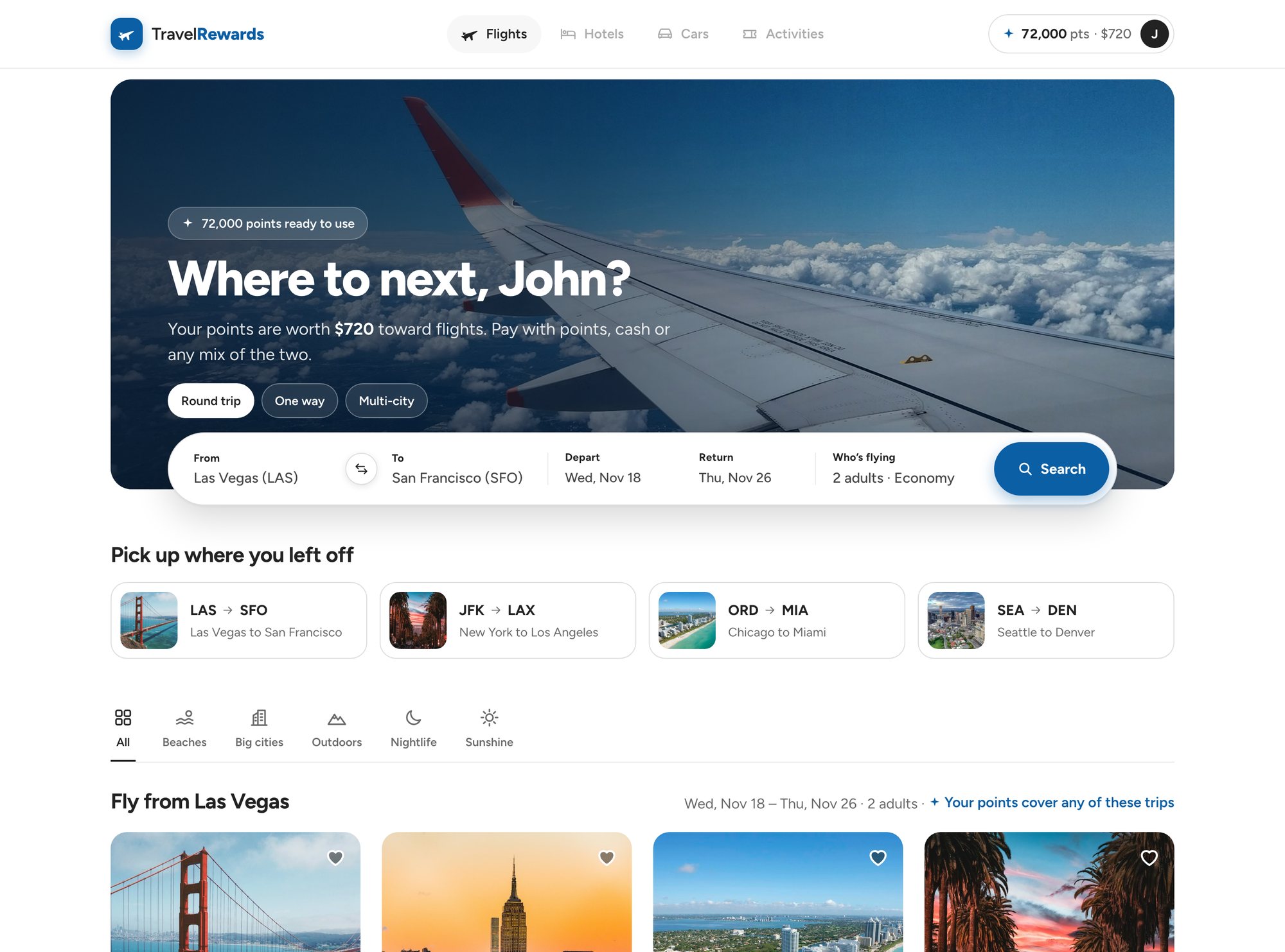 Redesigned home page with one search bar, recent searches and destination cards