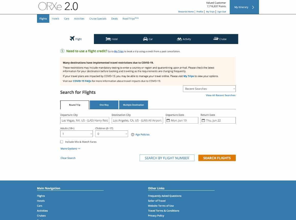 ORXe 2.0 search page with stacked tabs and notices, and no points balance in view
