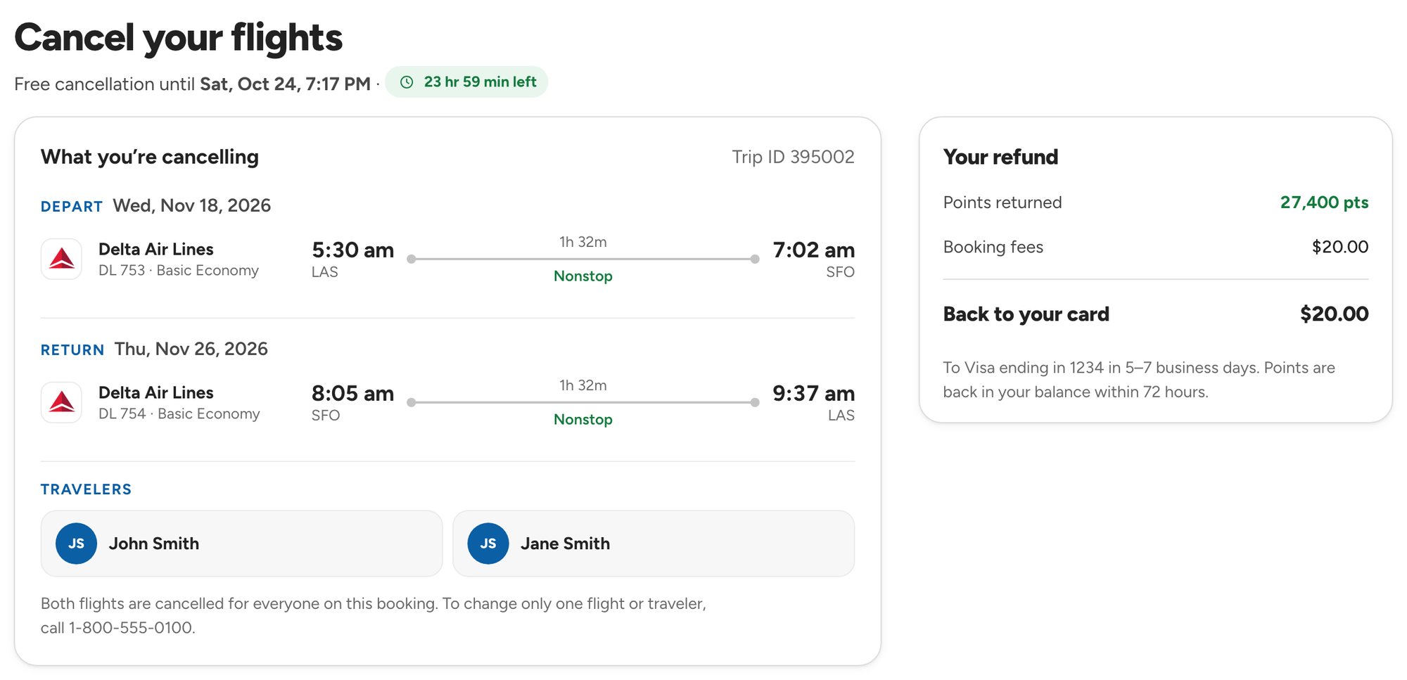 Cancel your flights: both flights listed, and Your refund with 27,400 points returned and $20.00 back to the card