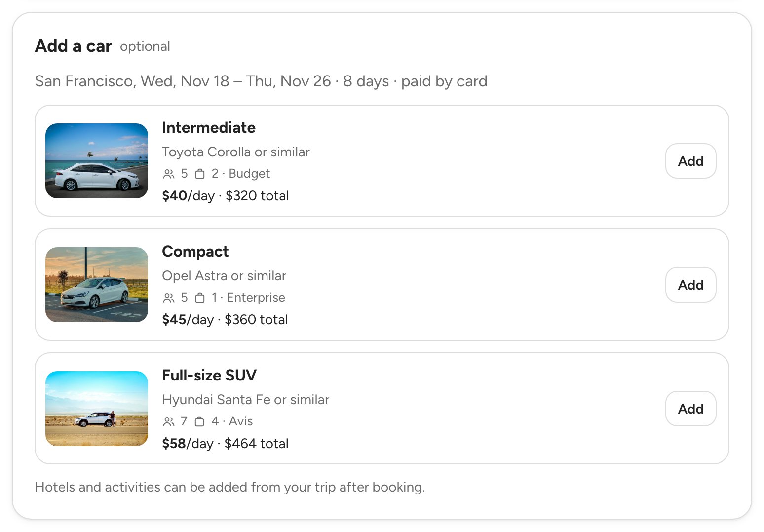 Add a car: three car options with photos, daily and total prices, and Add buttons