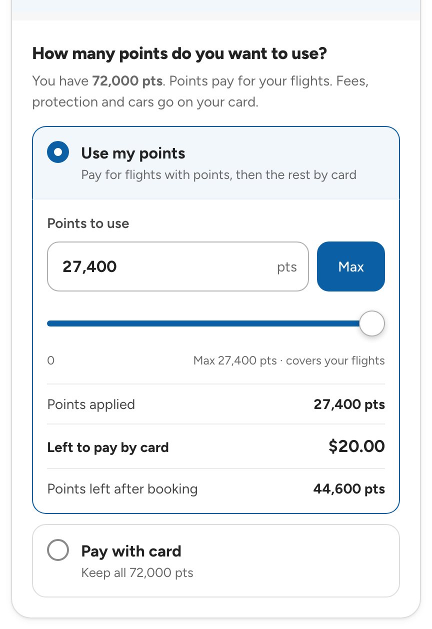 How many points do you want to use? Use my points with an amount field, Max and a slider, or Pay with card