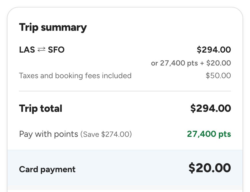 Trip summary: trip total $294.00, pay with points 27,400 points, card payment $20.00