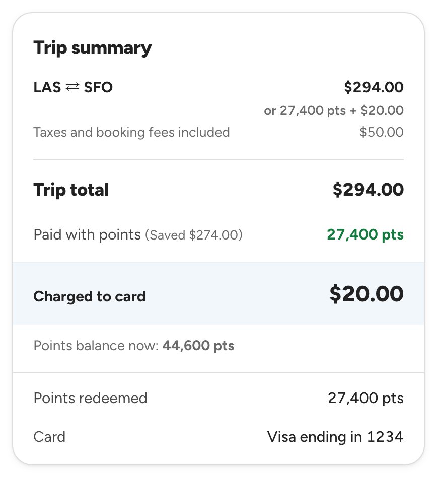 Confirmation trip summary: 27,400 points redeemed, $20.00 charged to card, points balance now 44,600