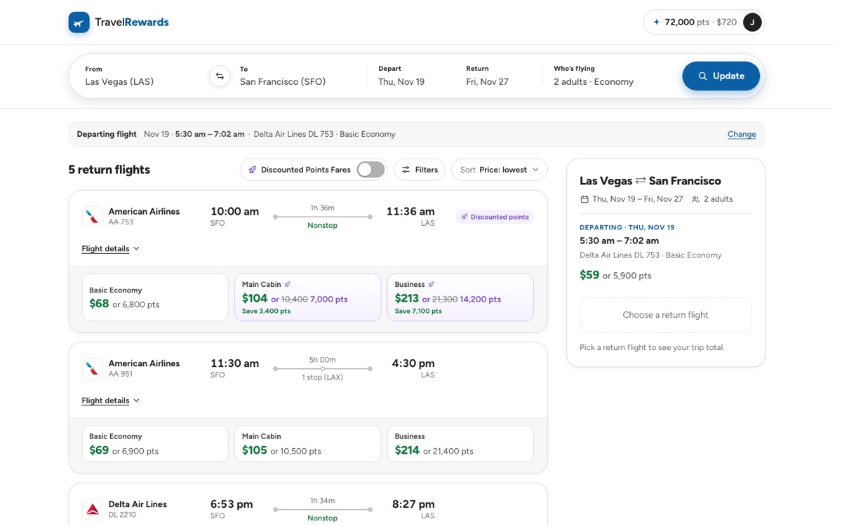 Desktop Return flight screen