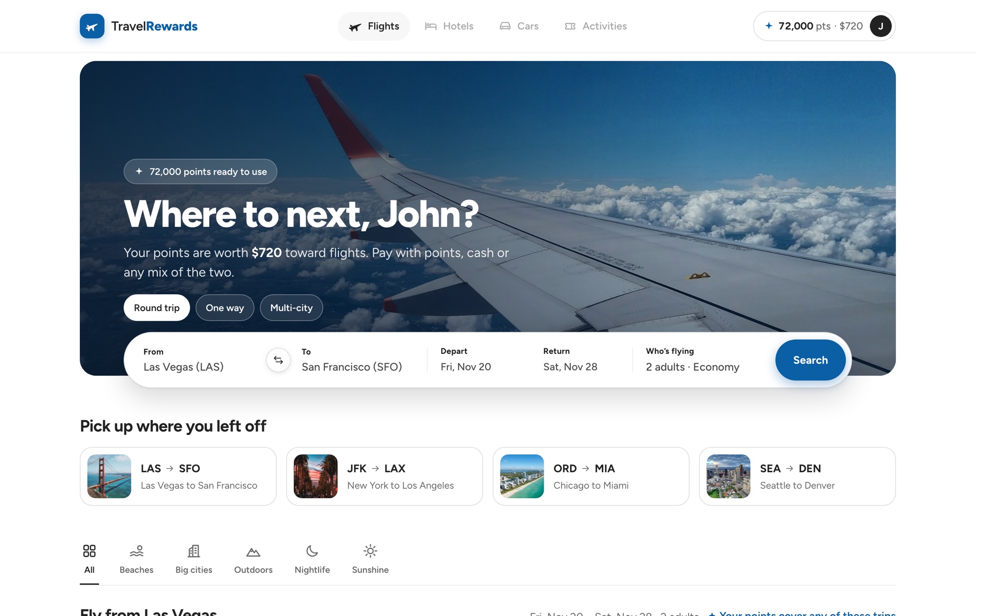 Redesigned flight search home page with the member’s points balance in the header
