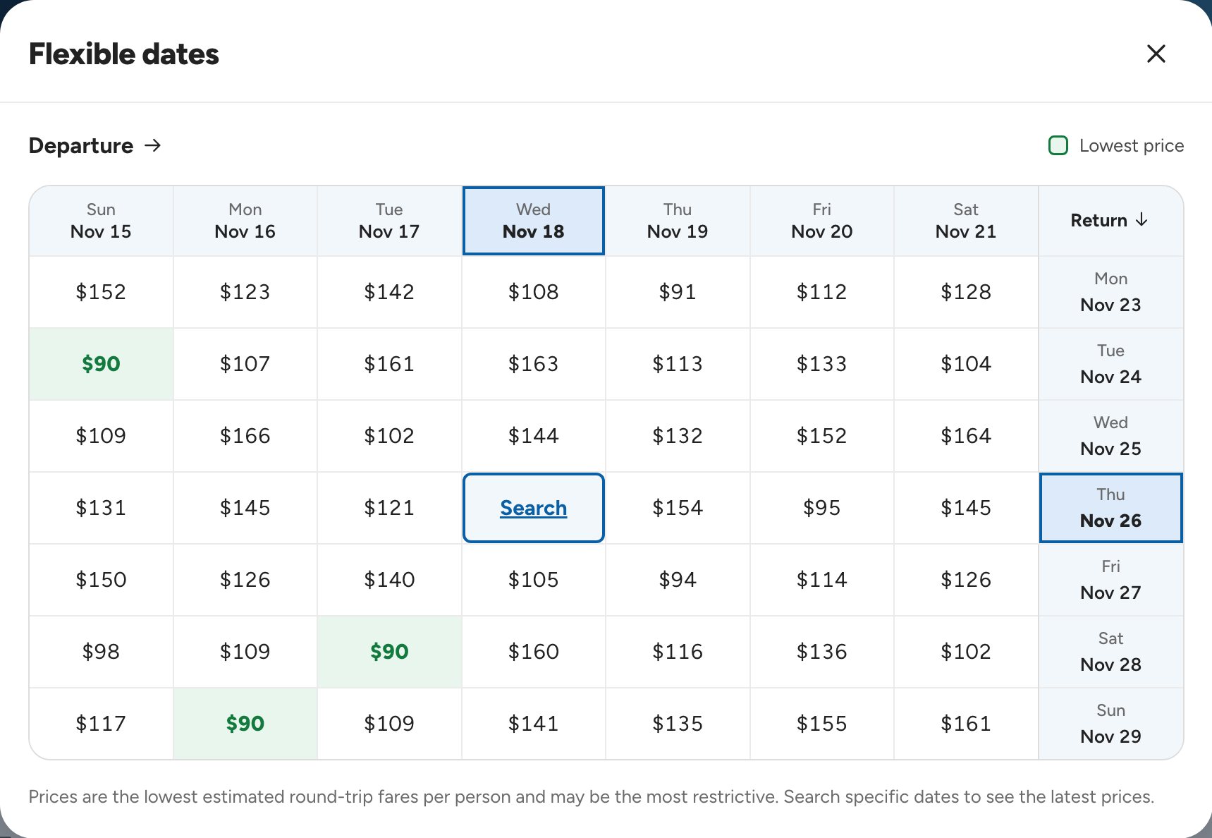 Flexible dates: a grid of round-trip fares for each departure and return date, with the lowest prices in green