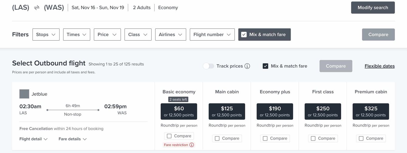 High-fidelity wireframe of a fare grid with five cabins, each priced in dollars and points