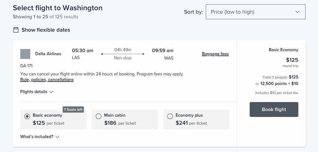 High-fidelity wireframe of a flight result with fare options and a points price
