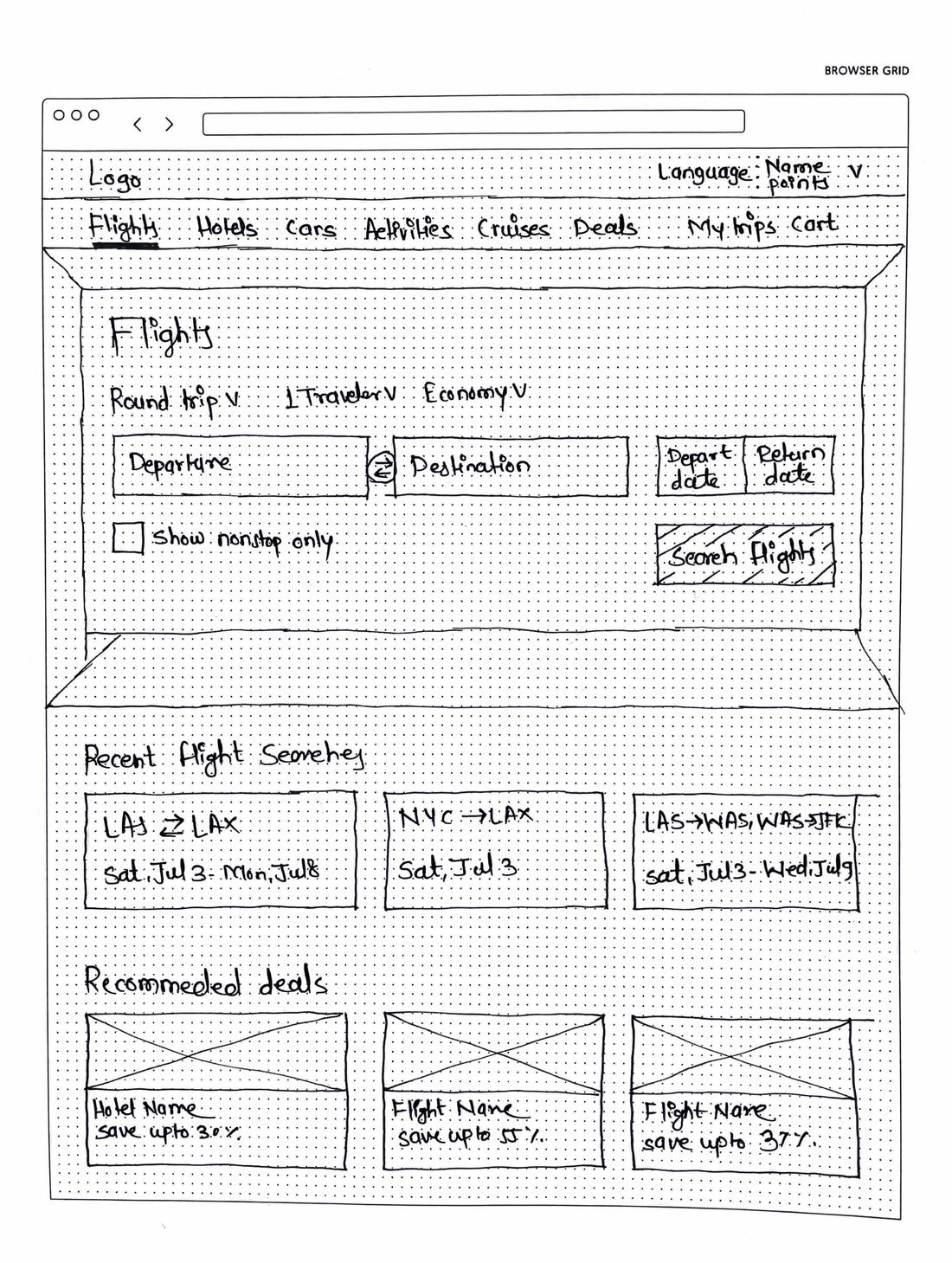 Hand-drawn wireframe of the desktop flight search page