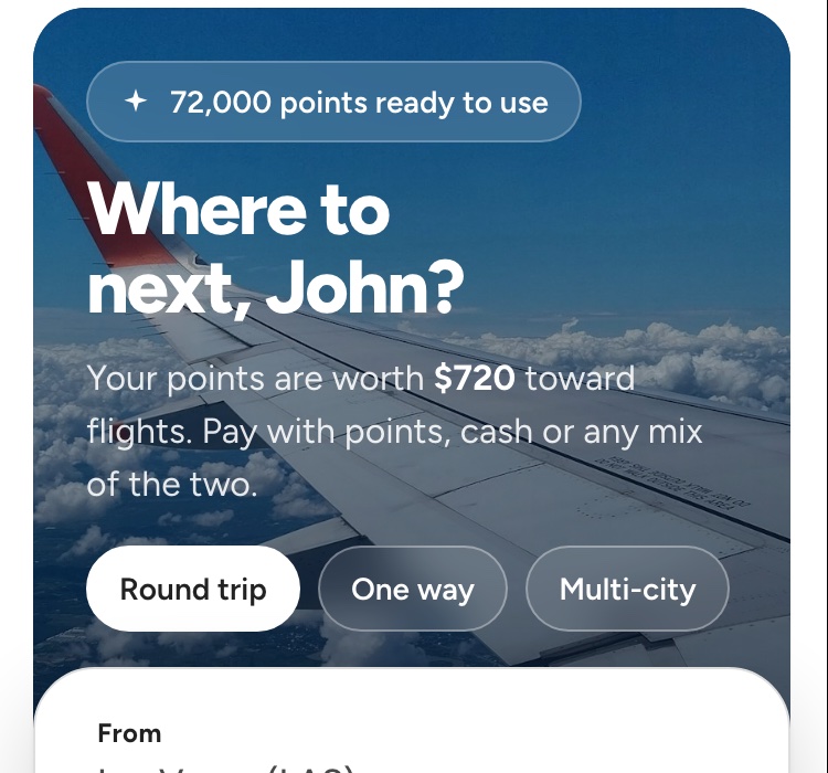 Mobile home: 72,000 points ready to use. Where to next, John? Your points are worth $720 toward flights