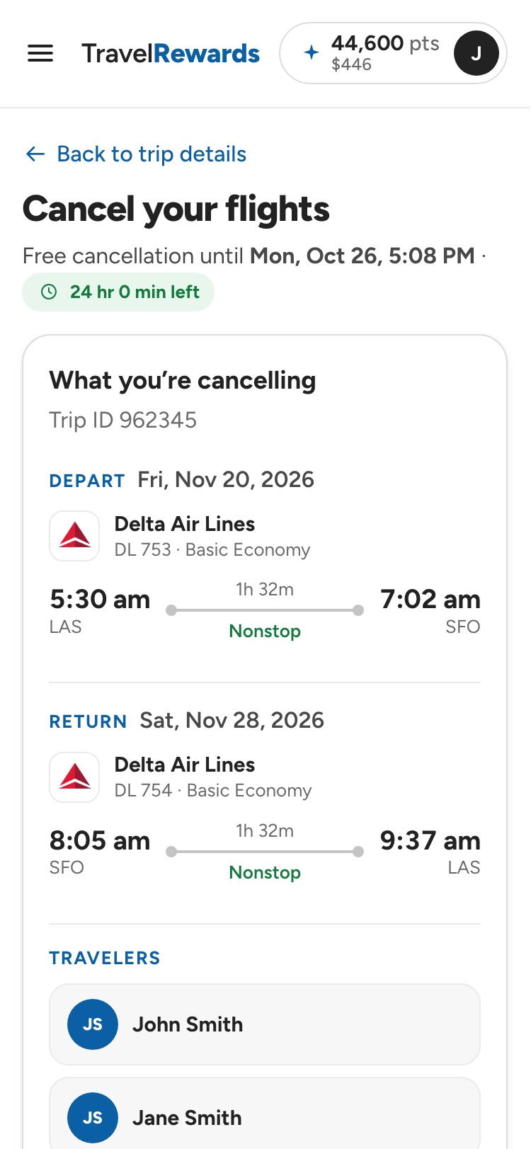 Cancel within the free 24-hour window, with the refund in points and cash