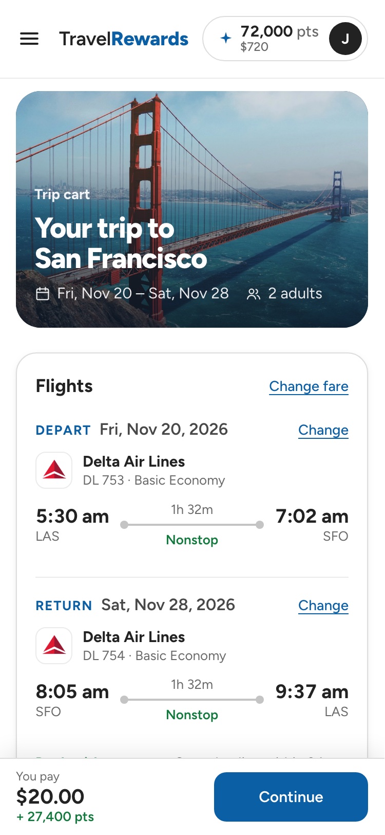 Trip cart with both flights and the price to pay
