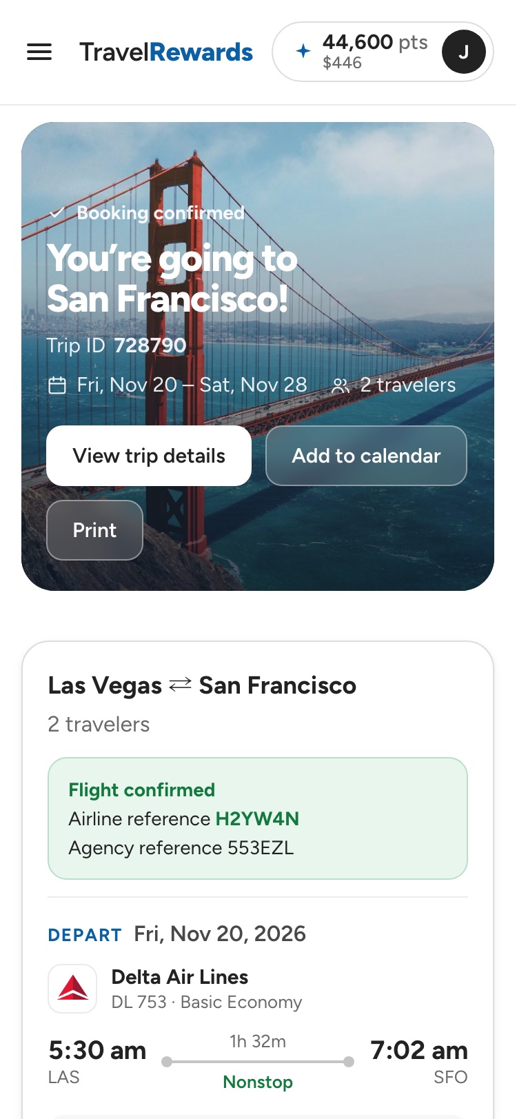 Booking confirmed with View trip details, Add to calendar and Print