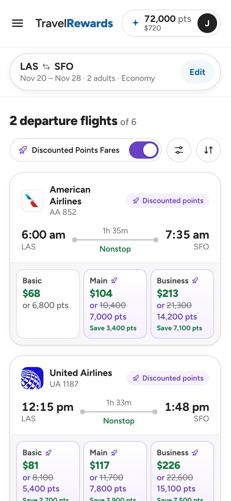 ORXe 3.0 mobile departure results: Discounted Points Fares switch, Filters and Sort buttons, and fares showing struck-through and reduced points