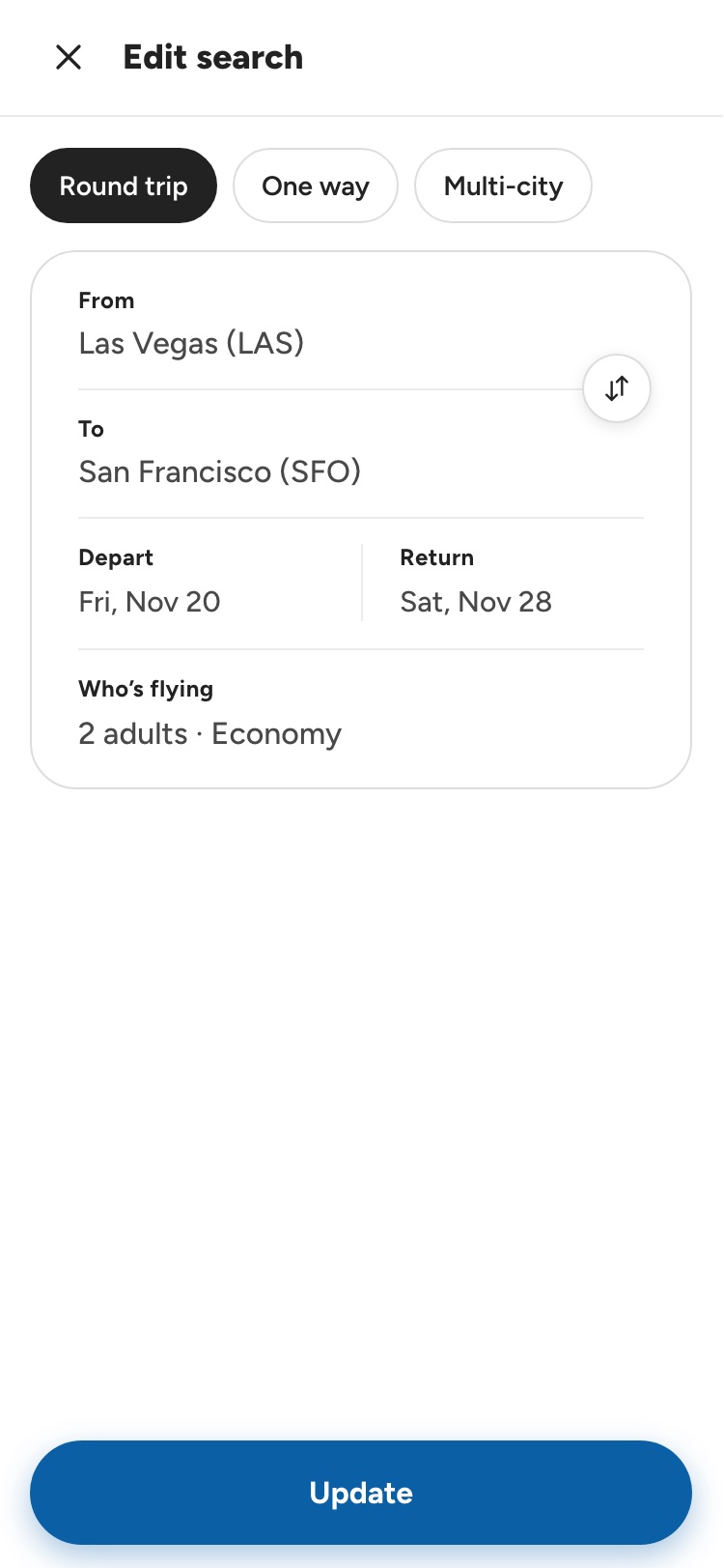 Edit search on its own page, with the Update button pinned to the bottom