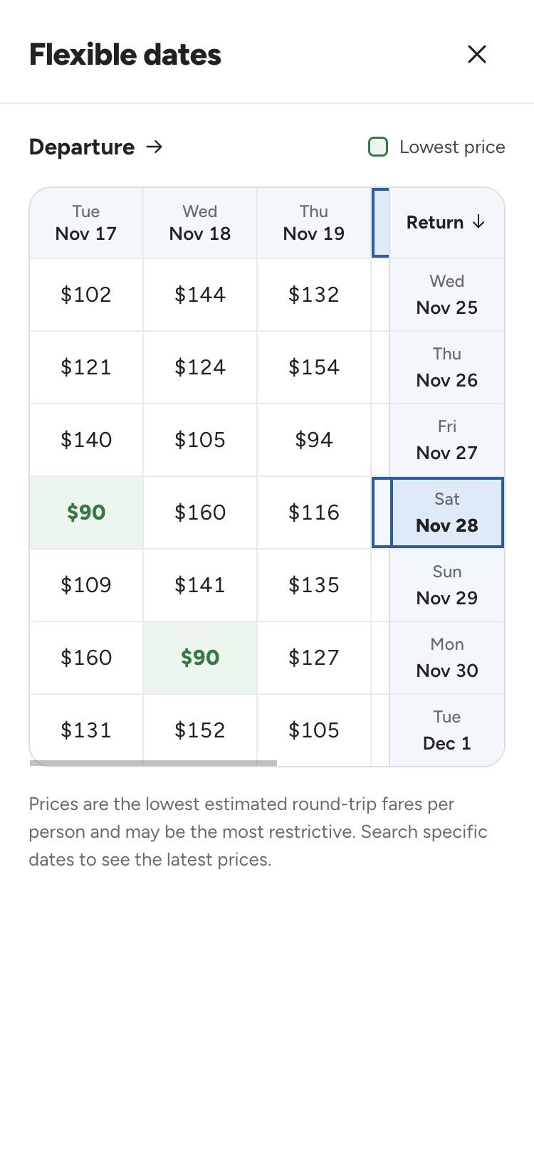 Flexible dates grid with a price for each date pair