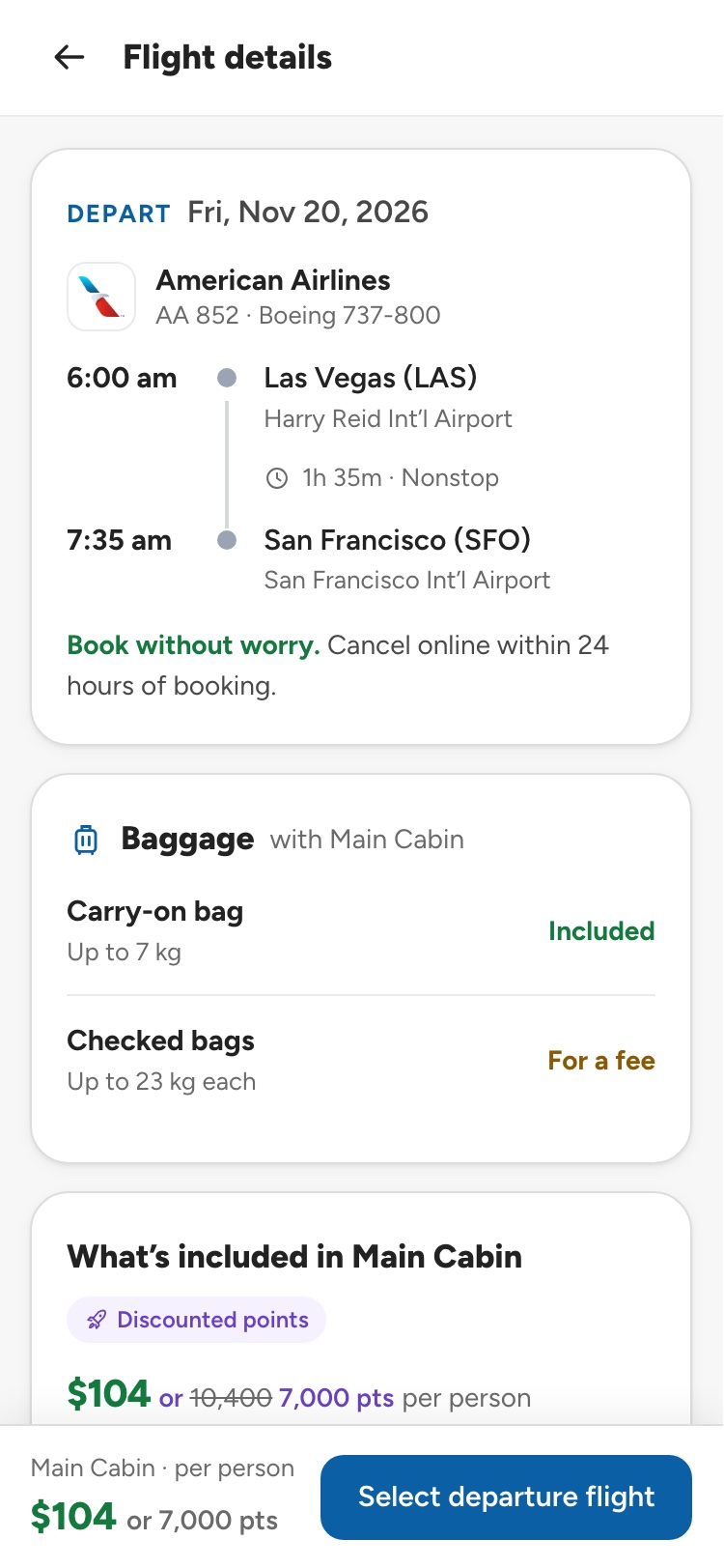 Flight details after tapping a fare: the route, baggage allowance and what the fare includes, with a sticky Select departure flight button