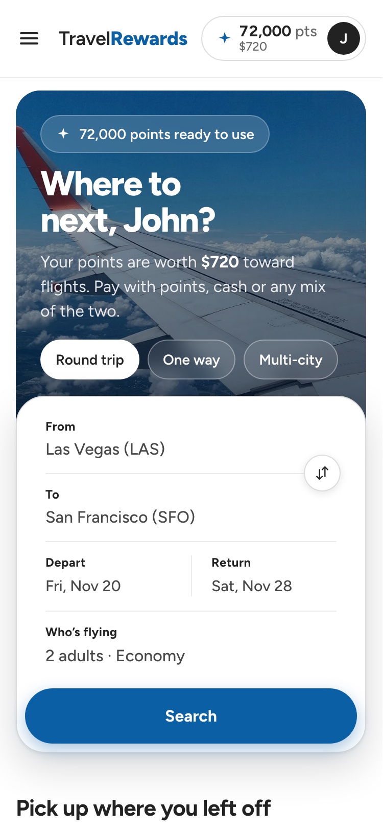 Mobile home: Where to next, John? with the points balance and a full-width search form