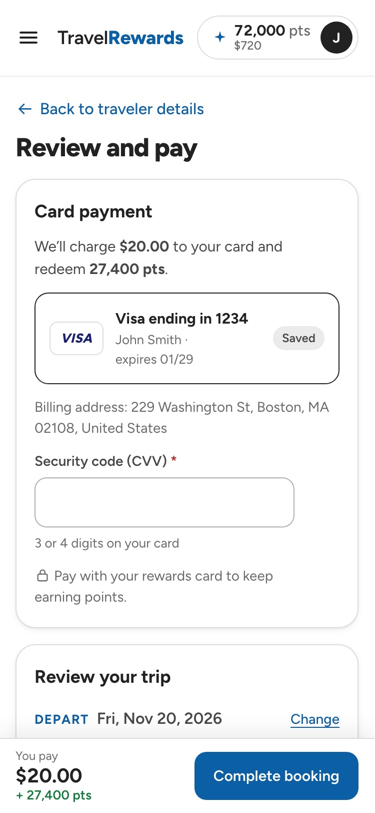 Review and pay with the card charge and points to redeem