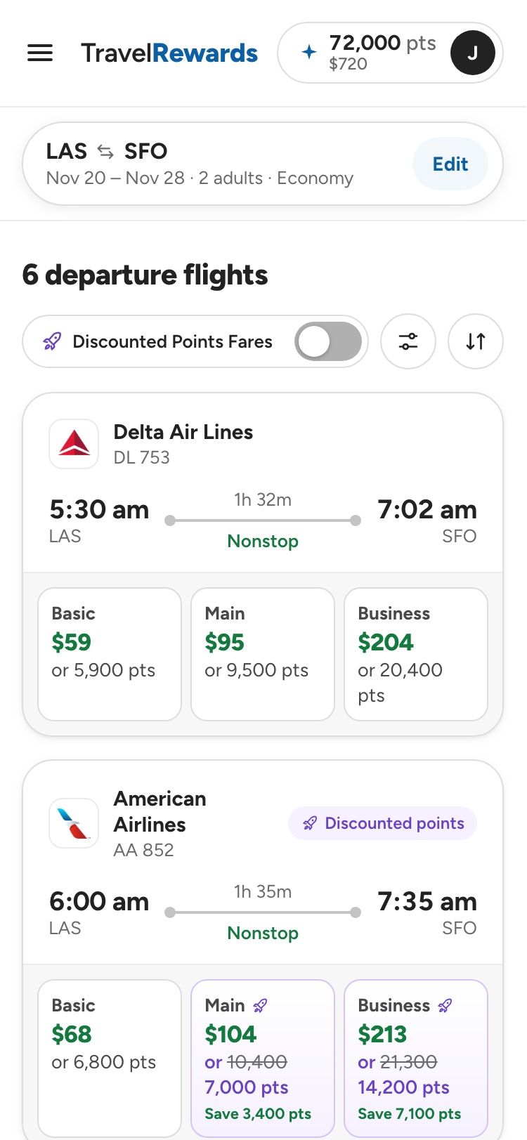 ORXe 3.0 mobile departure results: search summary with Edit, the Discounted Points Fares switch with filter and sort icons, and flights with fares in cash or points