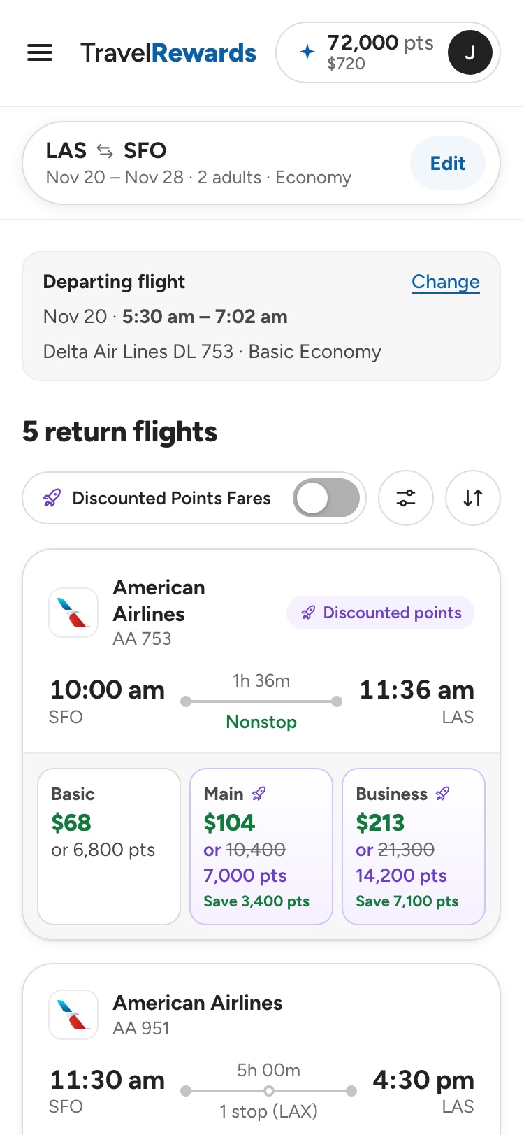ORXe 3.0 mobile return step: the chosen departing flight kept above the return flights