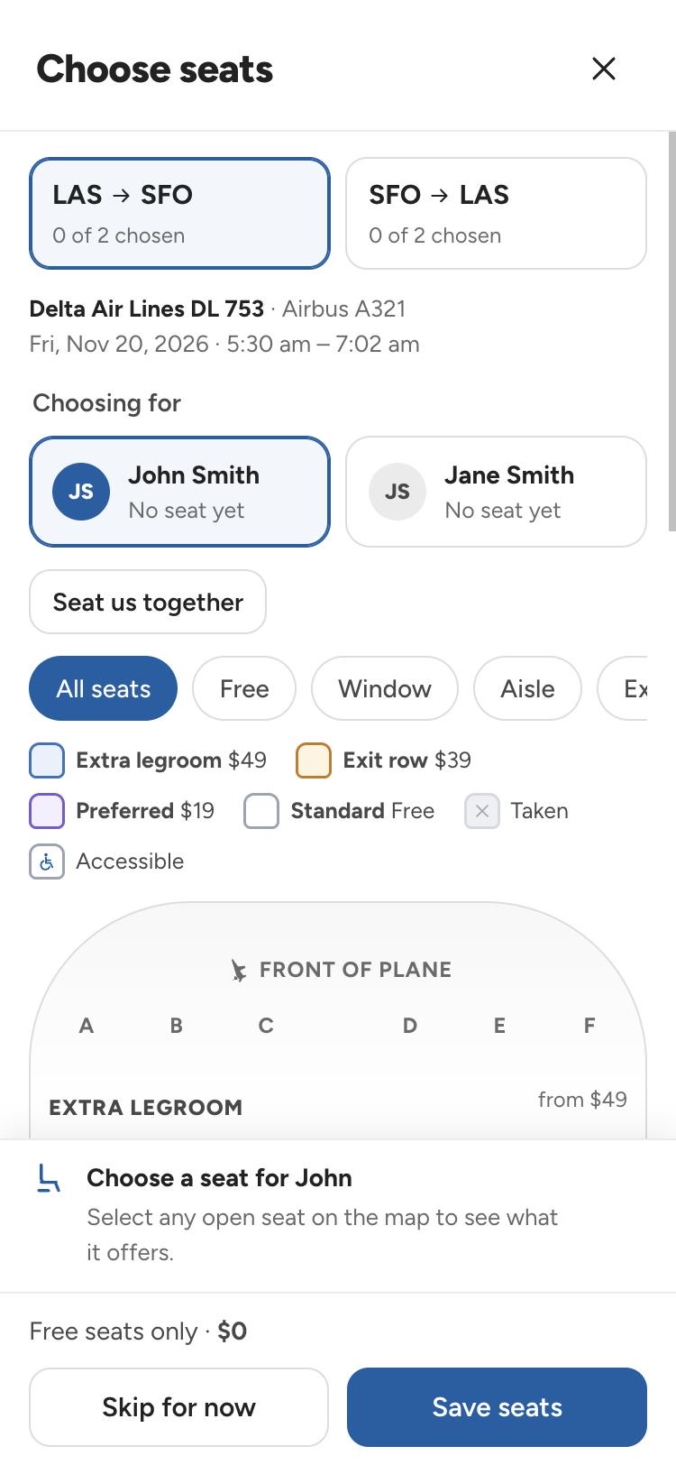 Seat map with seat types and two seats chosen together