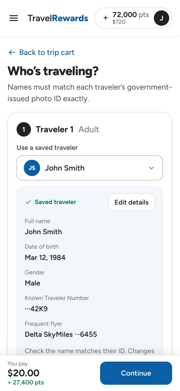 Traveler details with a saved traveler picker