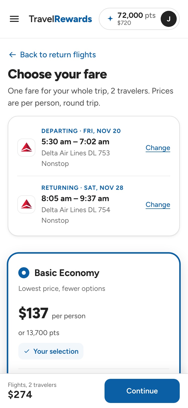 Choose your fare for the whole trip, priced in cash or points