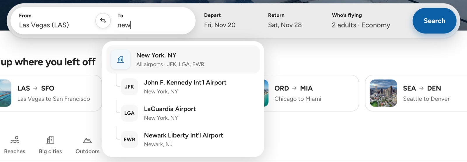 ORXe 3.0 desktop search with 'new' typed in To: a New York All airports row listing JFK, LGA and EWR, with John F. Kennedy, LaGuardia and Newark Liberty nested beneath it