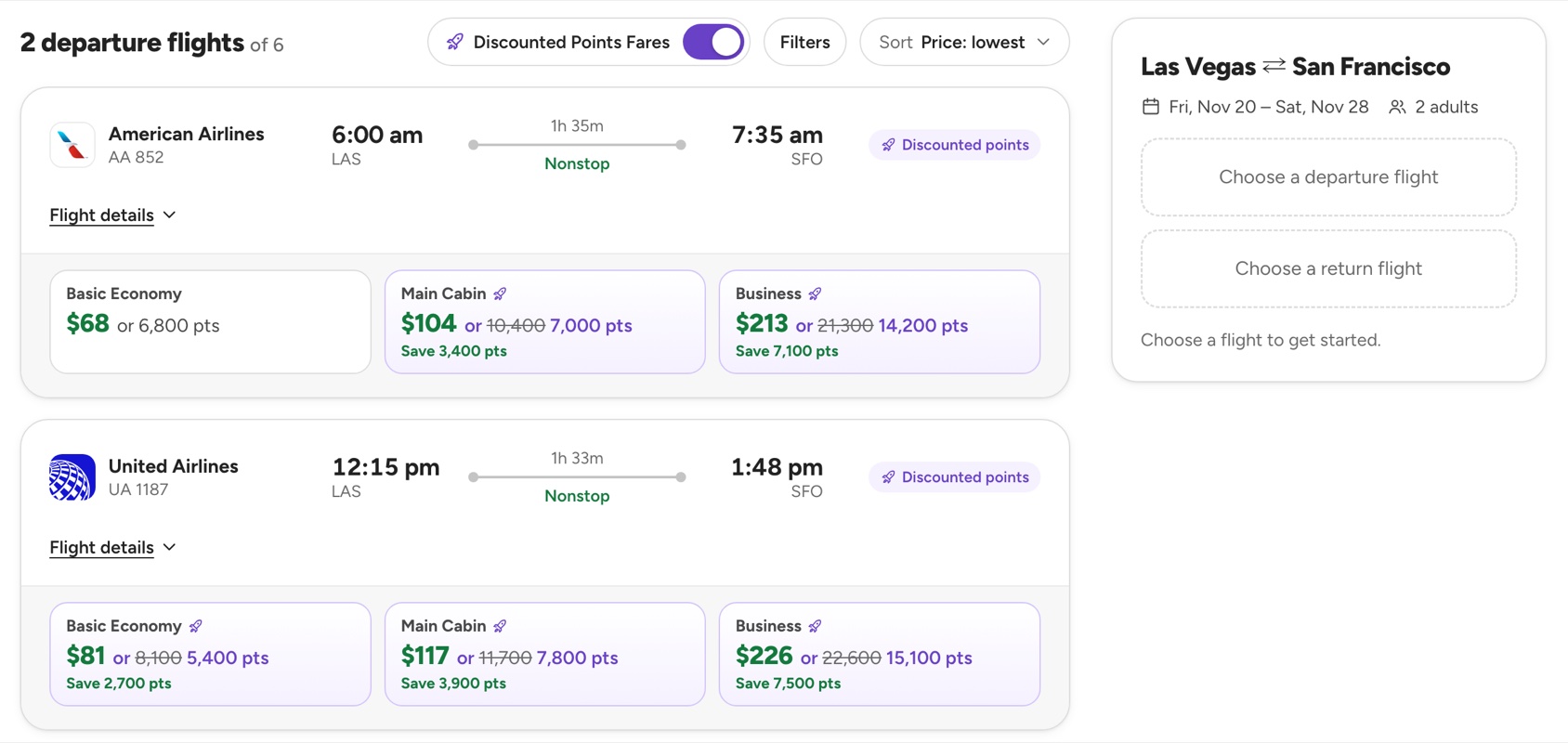ORXe 3.0 desktop departure results with the Discounted Points Fares switch turned on beside Filters and Sort: 2 of 6 flights, both tagged Discounted points, with struck-through and reduced points on their fares, and the trip summary panel