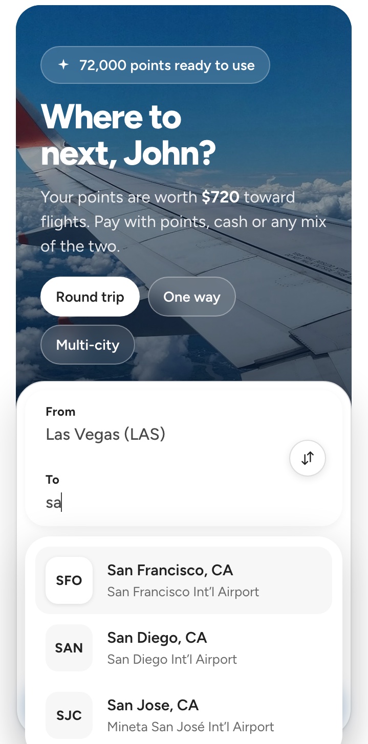 ORXe 3.0 mobile search with 'sa' typed in To: San Francisco first, then San Diego and San Jose