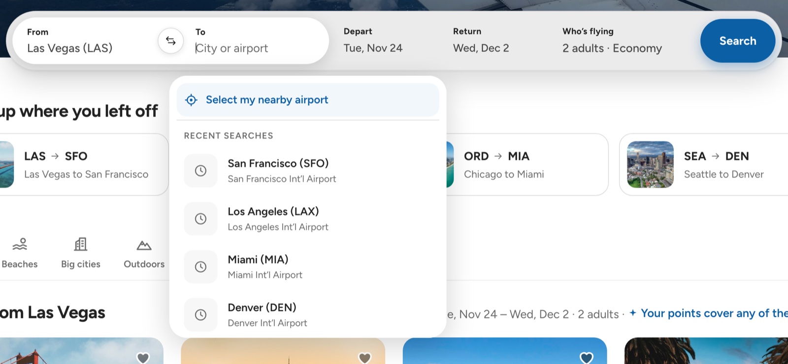 ORXe 3.0 desktop search with the To field empty: Select my nearby airport at the top, then Recent searches listing San Francisco, Los Angeles, Miami and Denver
