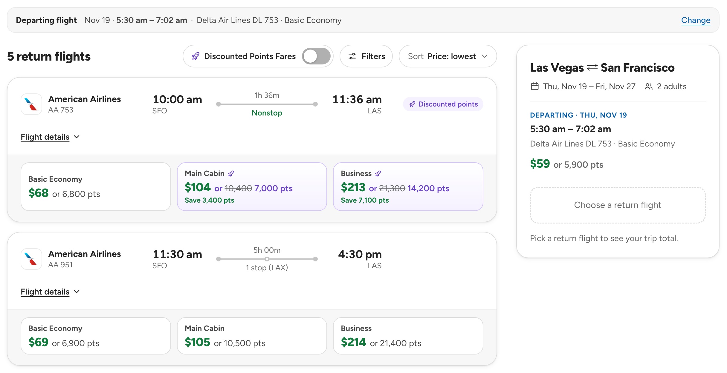 ORXe 3.0 desktop return step: a Departing flight strip with Change, 5 return flights with fare options, and a trip summary panel showing the chosen departing flight