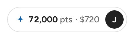 Header account pill: 72,000 pts, $720