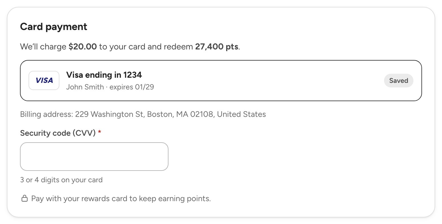 Card payment: We'll charge $20.00 to your card and redeem 27,400 pts, with the saved Visa ending in 1234 and a security code field