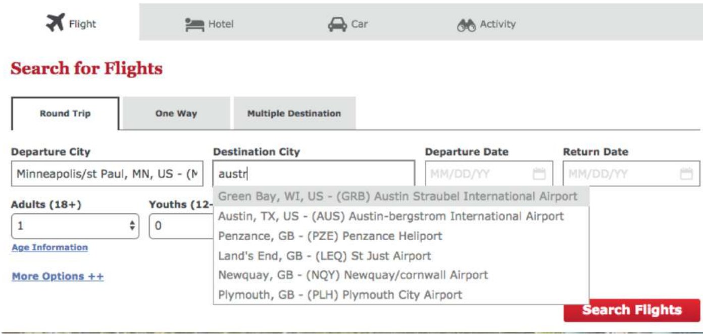 ORXe 2.0 auto-suggest for 'austr': Green Bay WI, Austin TX, then small UK airports including a heliport; no Australian airport