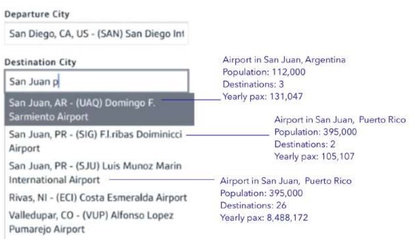 ORXe 2.0 auto-suggest for San Juan: an Argentine airport with 131,047 yearly passengers ranked above Puerto Rico's with 8.5 million