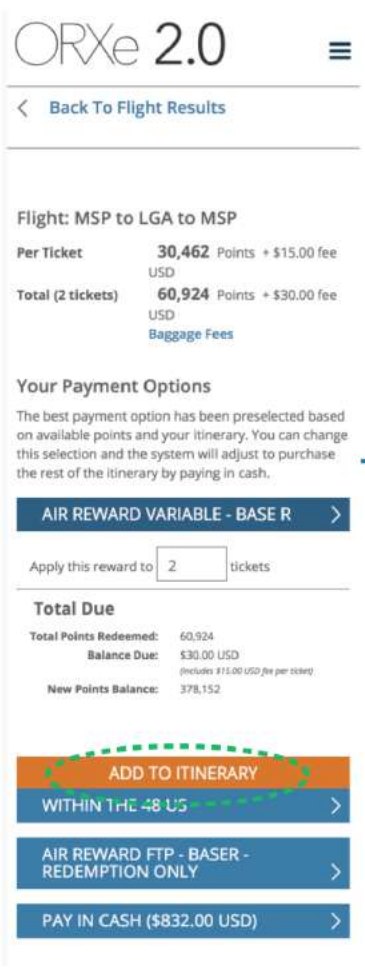 ORXe 2.0 mobile payment options with internal reward names, a ticket count and stacked look-alike buttons