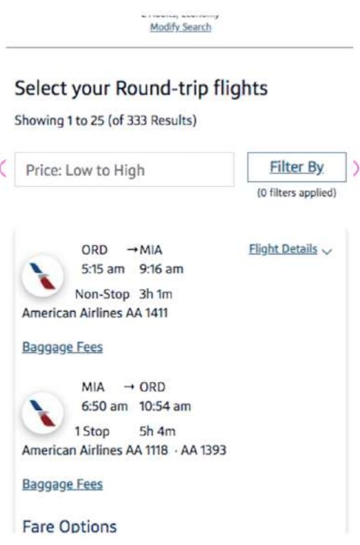 ORXe 2.0 mobile round-trip results: both legs in one card, a sort field styled like a text input and a small Filter By link