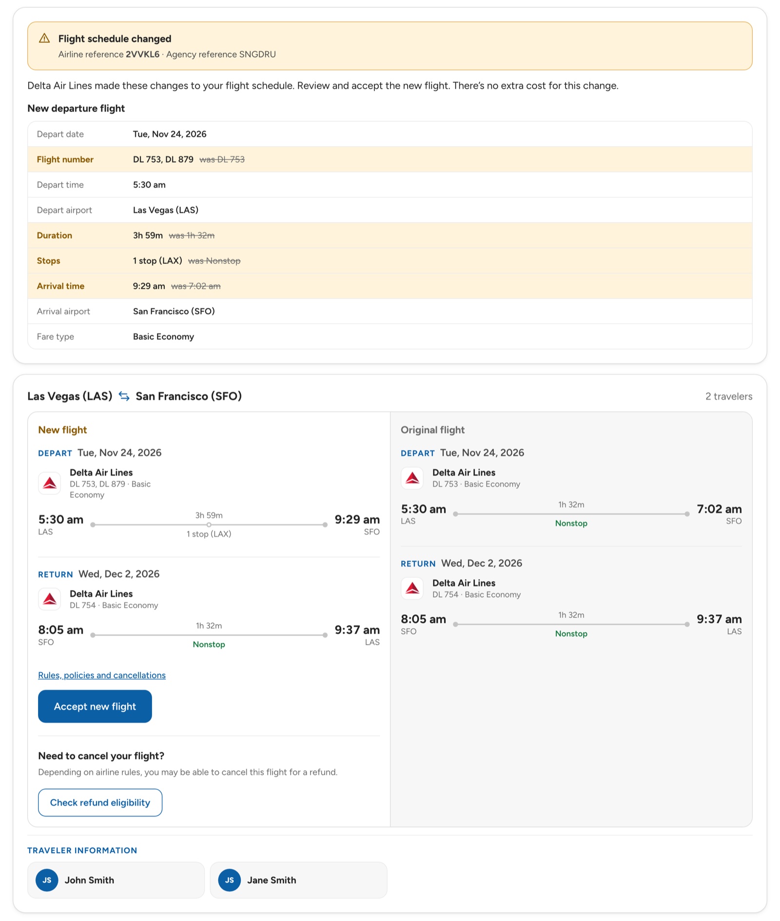 Schedule change: a Flight schedule changed summary listing the new departure flight with changed fields highlighted and old values struck through, then the new flight next to the original flight with Accept new flight and Check refund eligibility