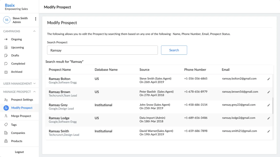 Modify prospect search results