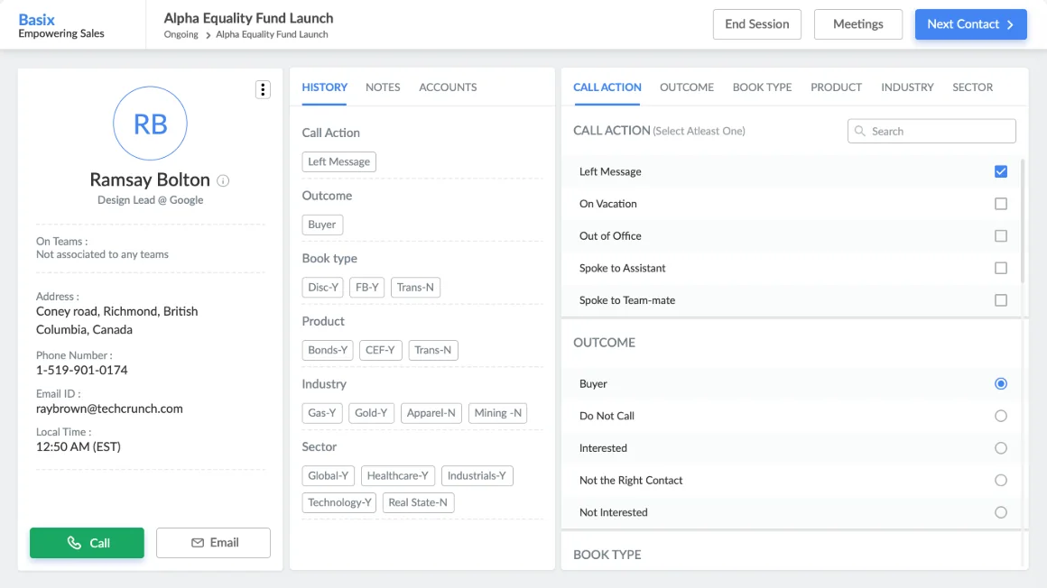 Prospect call screen with call actions and outcomes