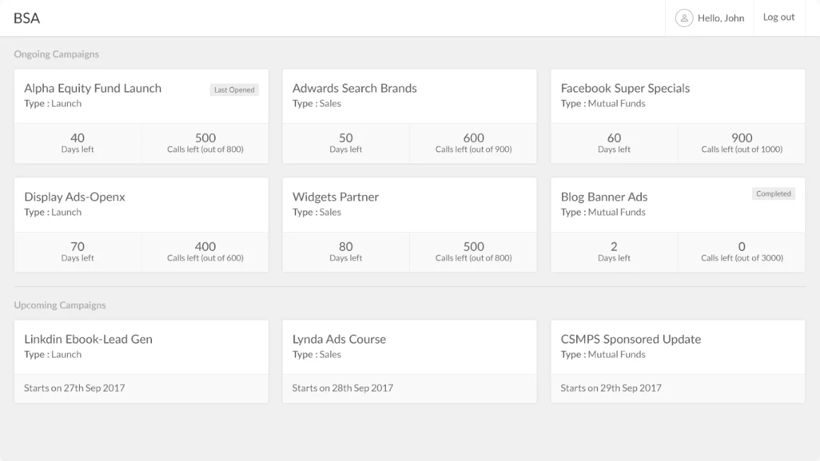 Wireframe: ongoing and upcoming campaigns