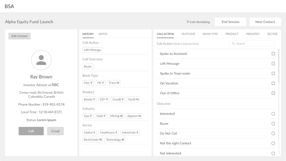 Wireframe: prospect call screen
