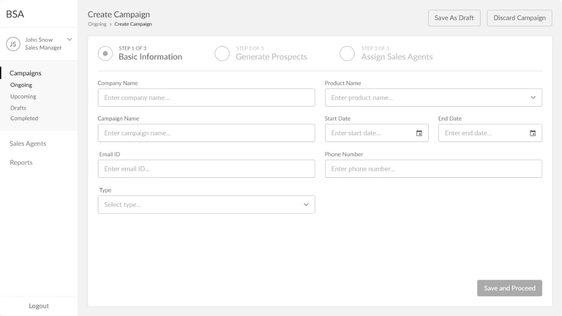 Wireframe: create campaign form