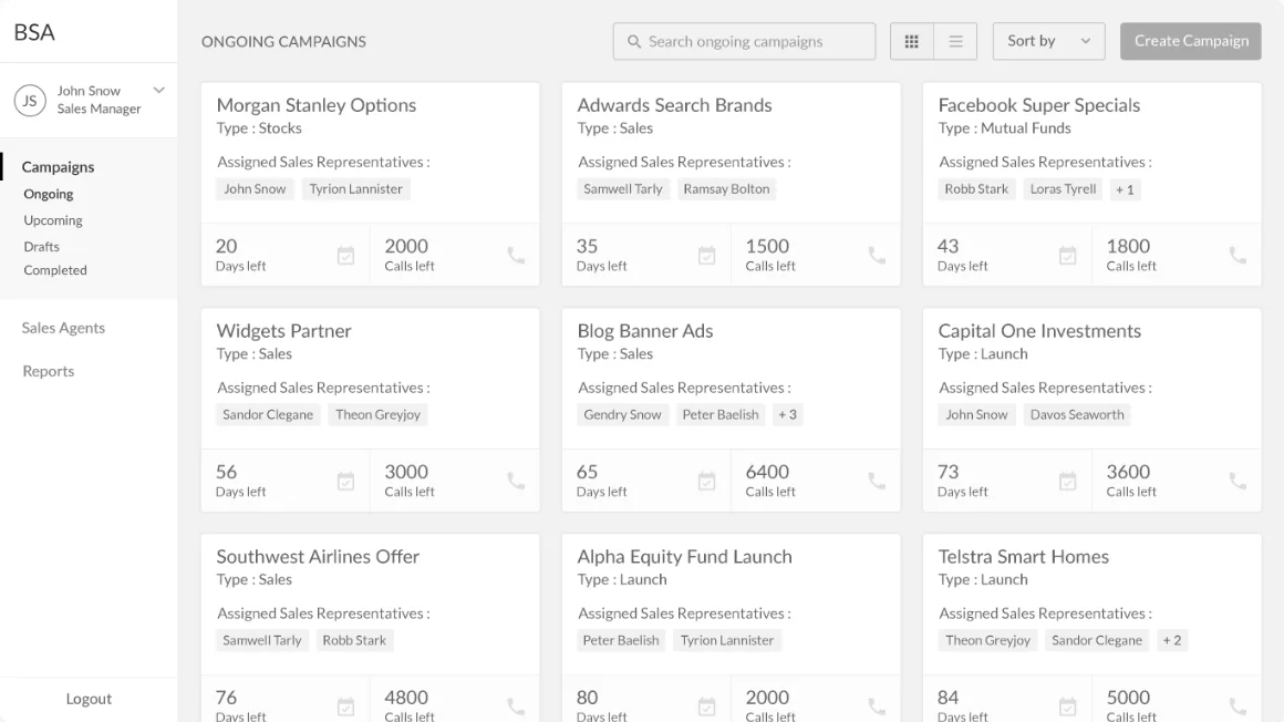 Wireframe: ongoing campaigns grid