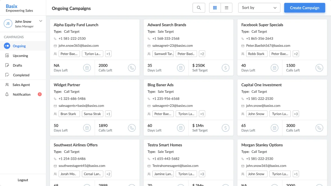 Ongoing campaigns for a sales manager